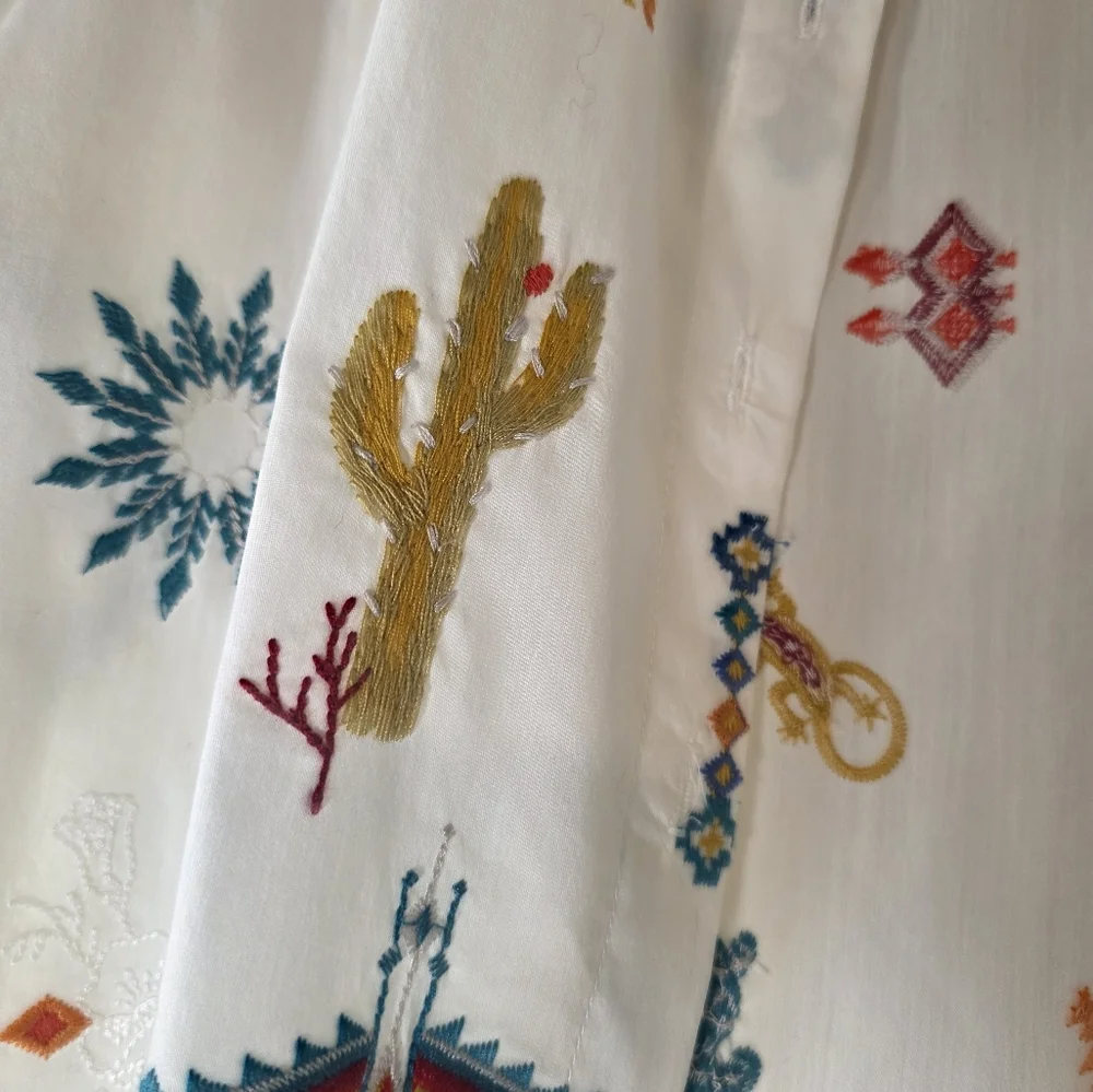 Johnny Was Southwestern Embroidered Top Western Cactus Puff Sleeve S